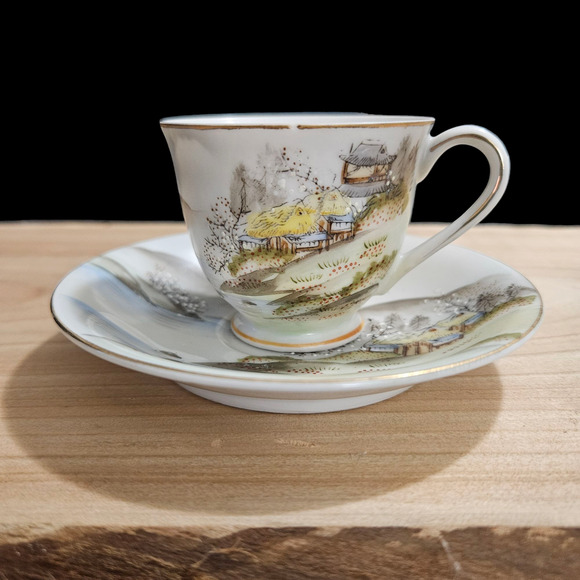 Hand Painted Fleetwood China Cup & Saucer Japan Scenic Cottage Landscape - Picture 2 of 5